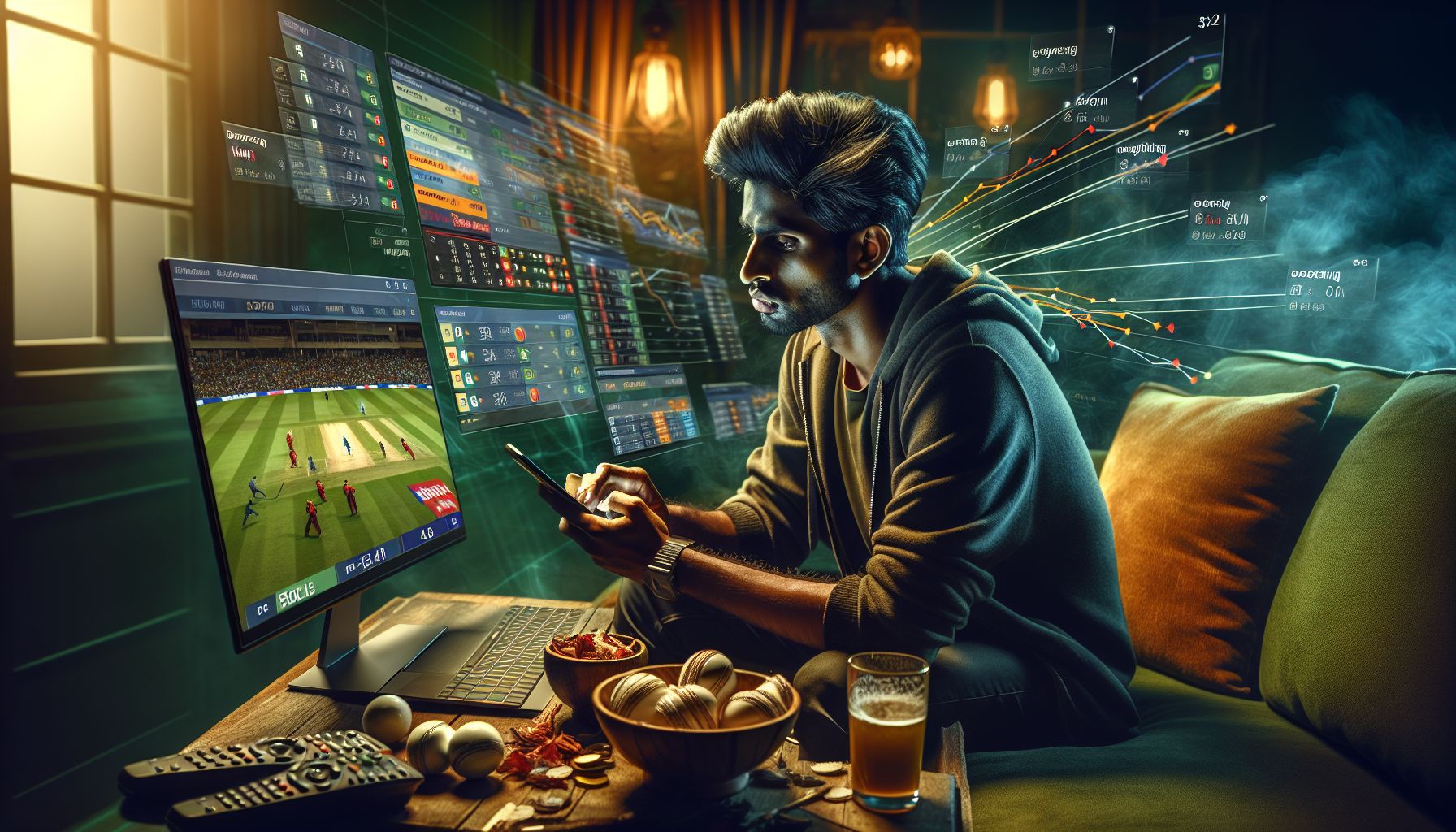 Bangladeshi player using mobile and laptop to place live sports bets during an intense evening match