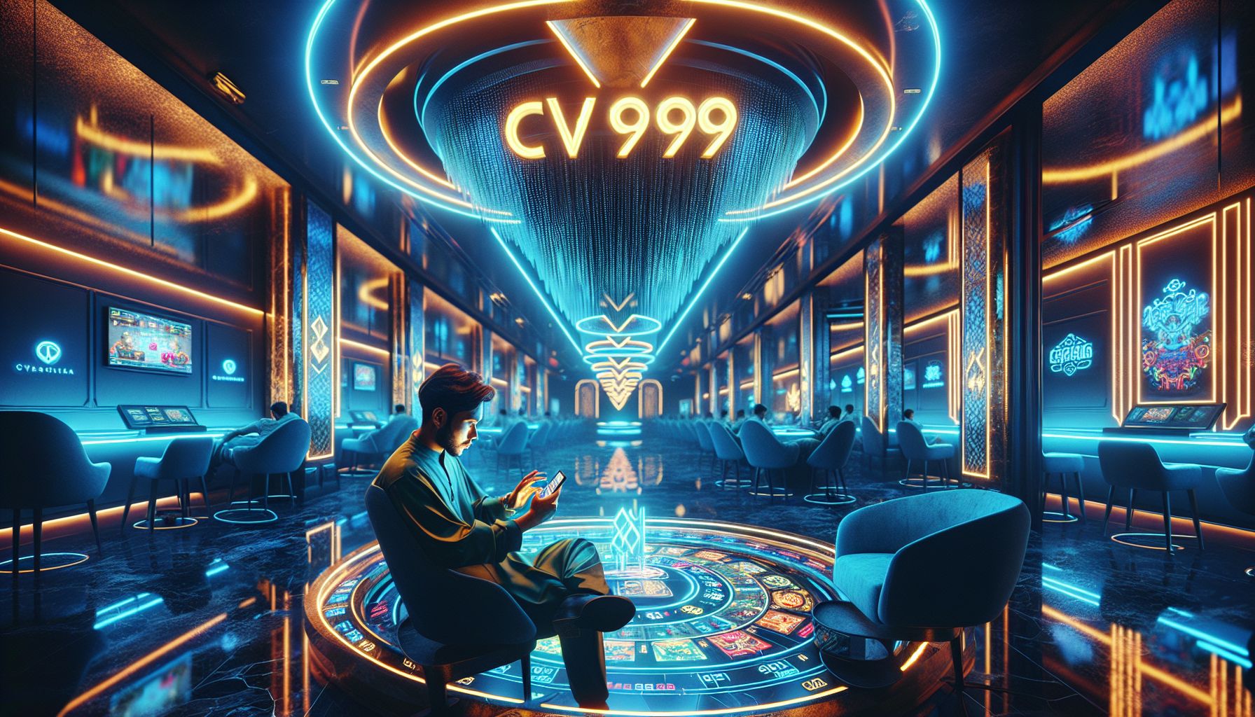 Bangladesh player using a smartphone in a glowing digital casino setting with bold CV999 branding and vibrant gaming lights