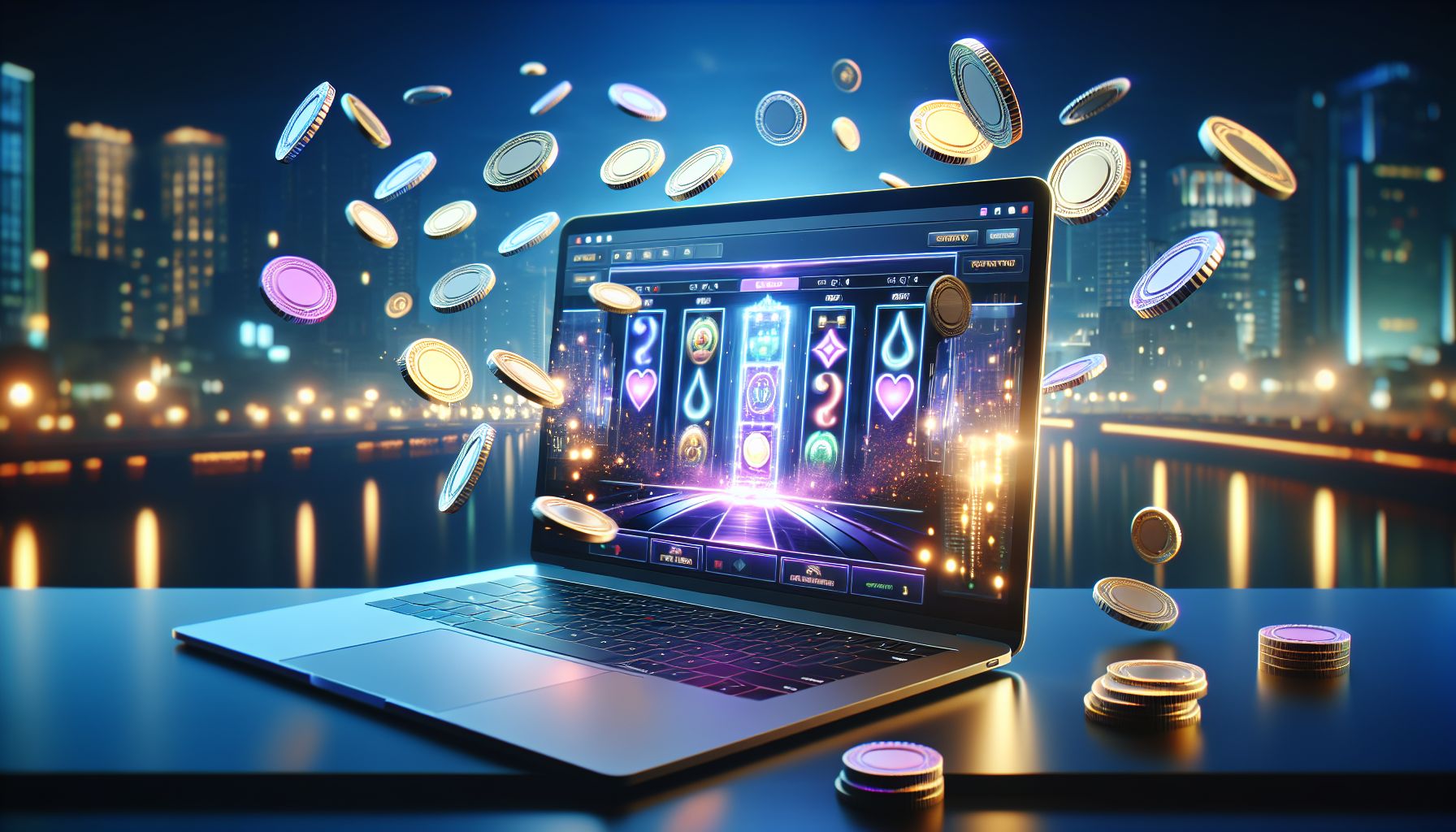 Laptop displaying colorful casino game icons and BDT-focused gameplay visuals with sleek CV999 platform styling
