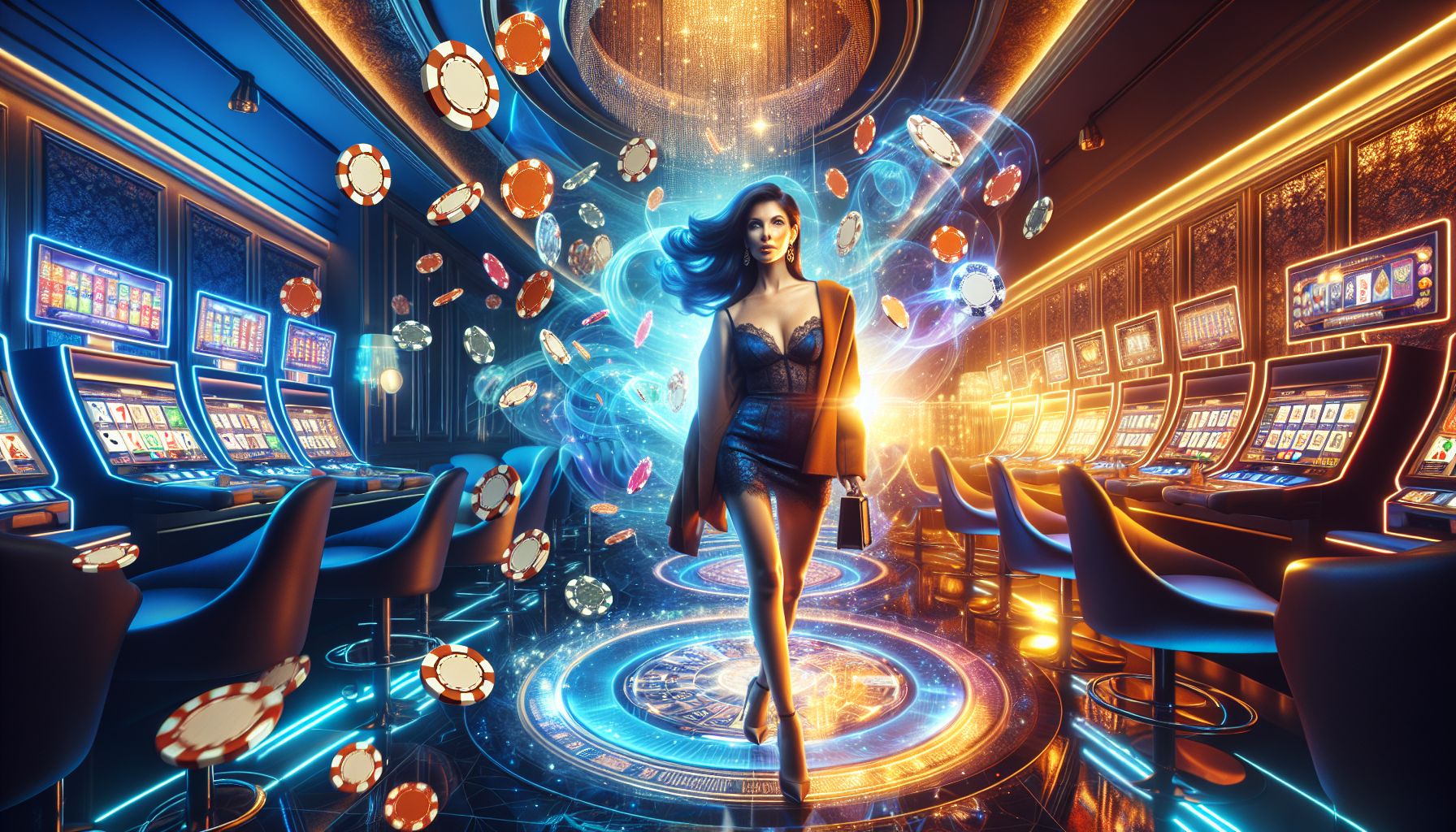 Confident online player surrounded by floating game symbols, rich blue and gold light effects, and visible CV999 atmosphere