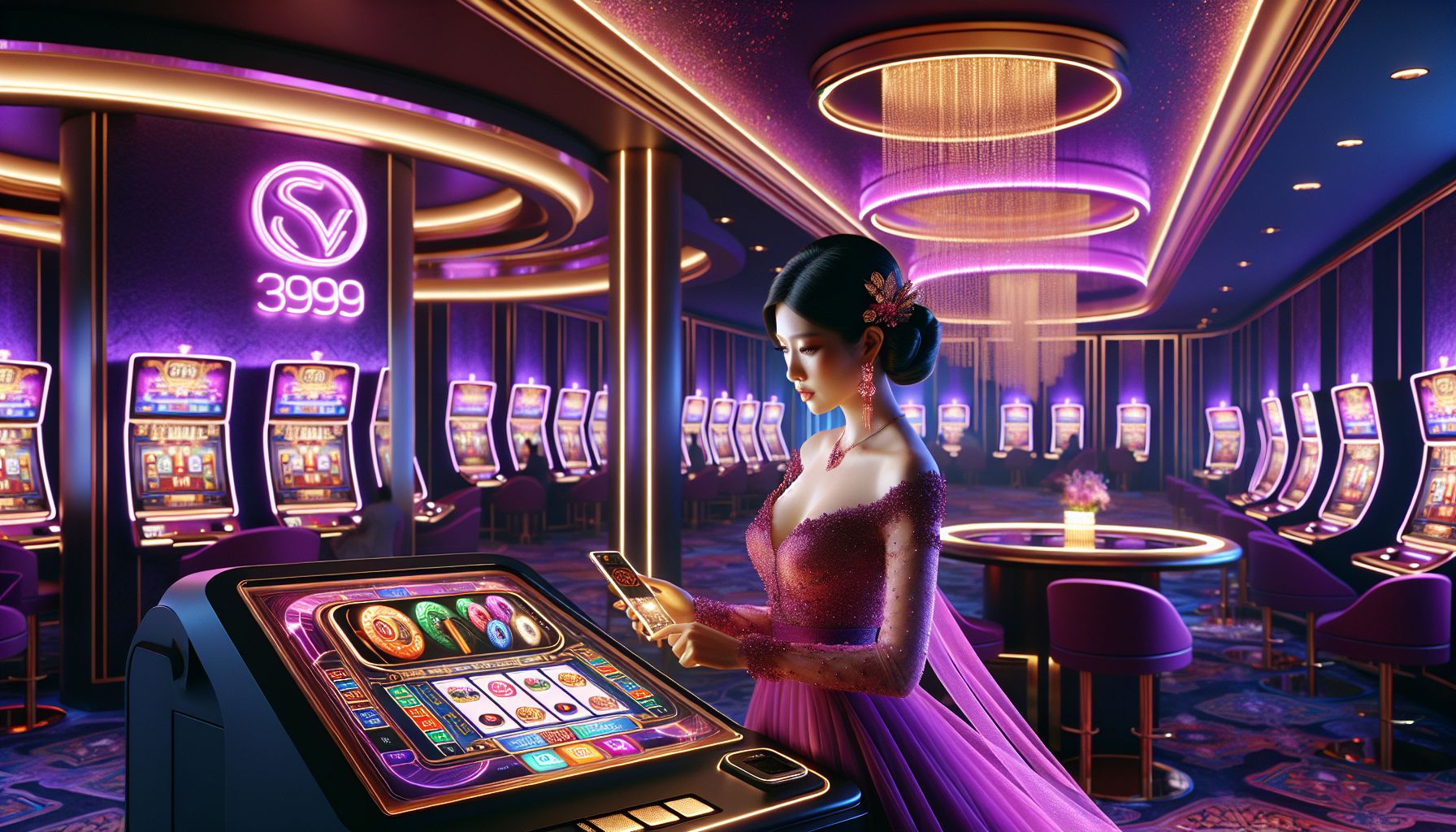 Confident Bangladeshi player enjoying colorful slot reels on a modern mobile screen with premium casino lighting at CV999