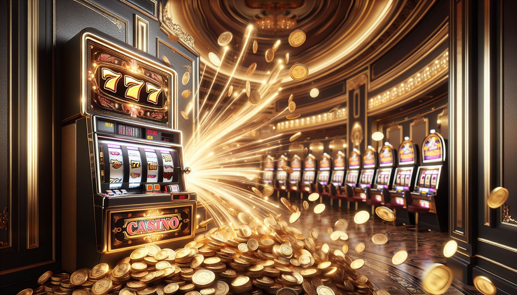 Luxury slot reel with shining sevens, glowing accents, and falling coins in a dramatic casino-inspired scene